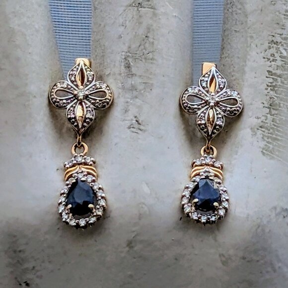 Russian Russia Solid 14K Rose Pink Gold Sapphire Diamond Cluster Dangle Earrings